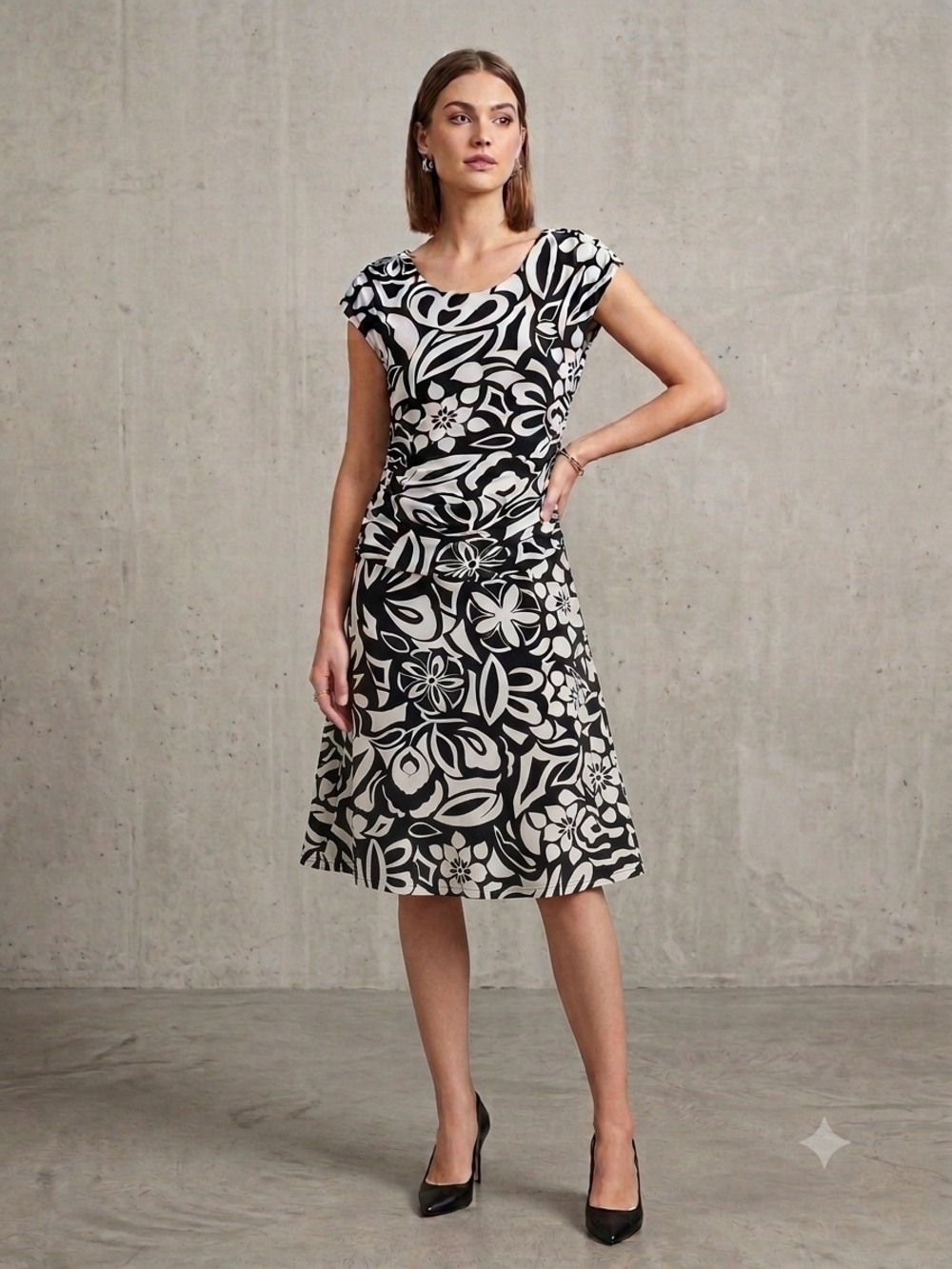 Black & White Floral Midi Dress with Cap Sleeves
